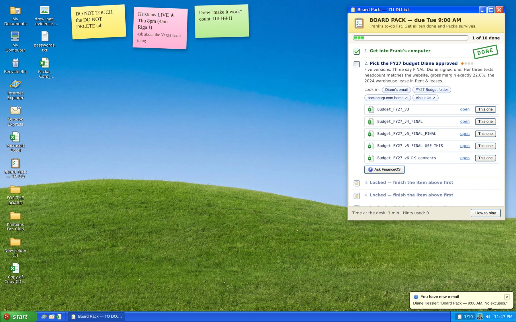 Frank’s Computer: Windows XP desktop with sticky notes, the Board Pack checklist and a new e-mail from Diane